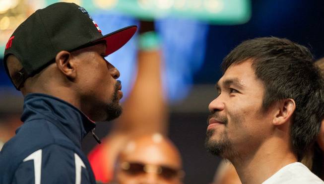 The Floyd Mayweather Jr. and Manny Pacquiao weigh-in Friday, May 1, 2015, at MGM Grand Garden Arena.