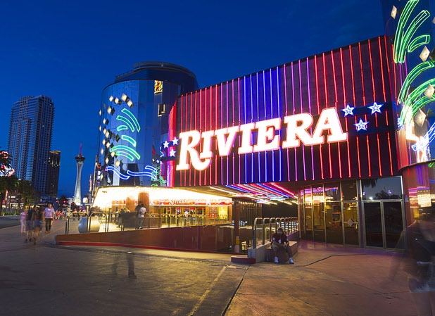 7:52 p.m. - Lights are shown on the Riviera facade Sunday, May 3, 2015. 