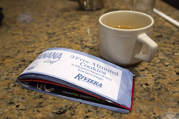 10:49 p.m. - Our coupon for free almond cookies was worthless as the Banana Leaf Cafe ran out of cookies at the Riviera Sunday, May 3, 2015.