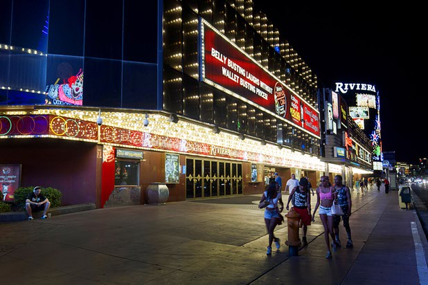 12:17 a.m. - Pedestrians pass by the Riviera early Monday morning, May 4, 2015.