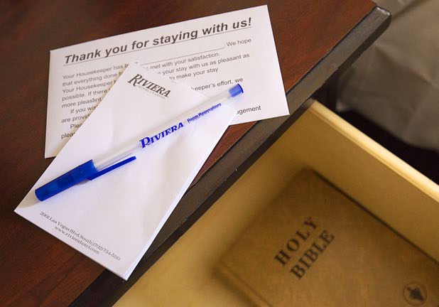 9:16 a.m. - A bible is shown in a room at the Riviera Monday, May 4, 2015.