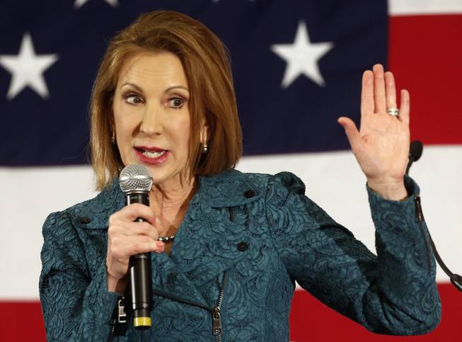 In this Saturday, April 18, 2015, photo, Carly Fiorina speaks at the Republican Leadership Summit in Nashua, N.H. The former technology executive formally entered the 2016 presidential race Monday. 