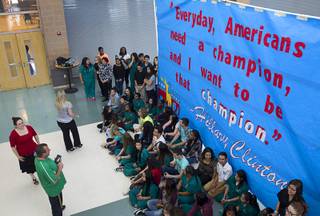 Students wait for Democratic Presidential candidate Hillary Clinton to arrive for a campaign stop at Rancho High School Tuesday, May 5, 2015. Clinton joined a roundtable of young Nevadans discussing immigration reform.