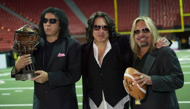 The Las Vegas Outlaws defeat the L.A. Kiss 49-16 on Monday, May 4, 2015, at the Thomas & Mack Center. Kiss owners Gene Simmons and Paul Stanley of KISS and Outlaws owner Vince Neil of Motley Crew are pictured here.