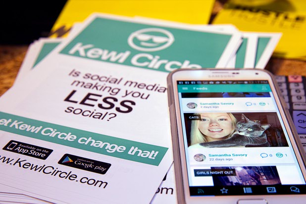 A photo of Samantha Savory and her cat Sexy Lexy is displayed on an iPhone at the Kewl Circle booth during the Collision technology conference at the World Market Center Pavilions Wednesday, May 6, 2015. The App helps people connect and actually socialize in real life.