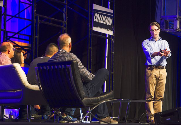 Benedikt von Thengen, CEO of Speechmatics, makes a pitch during pitch competiion finals at the Collision technology conference in the World Market Center Pavilions Wednesday, May 6, 2015.