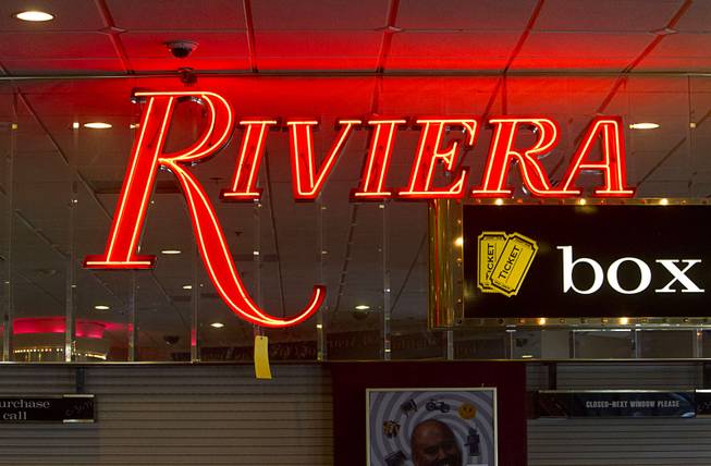 A Riviera neon sign ($395.00) is shown during the first day of a liquidation sale at the Riviera Thursday, May 14, 2015.
