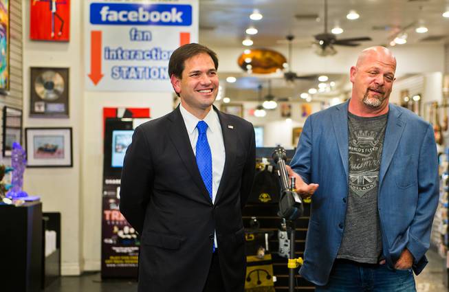 GOP presidential candidate Marco Rubio is introduced by Rick Harrison at World Famous Gold & Silver Pawn Shop on Tuesday, May 28, 2015, during his first visit to Las Vegas as a declared candidate.