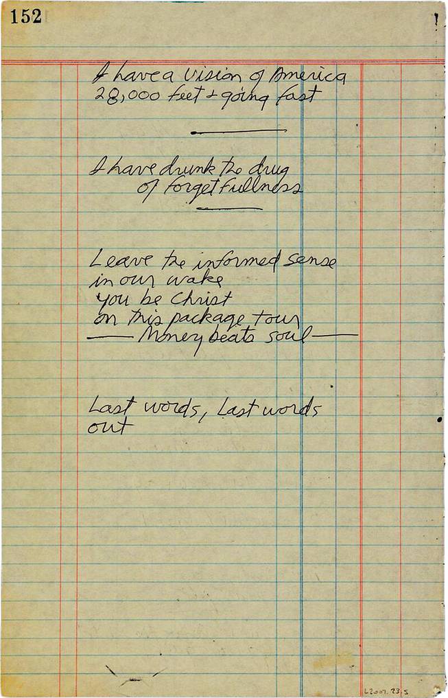 This undated photo provided by Paddle8 shows a hand-written poem by Jim Morrison that is being auctioned by Paddle8 with bidding expected to reach $60,000 to $80,000 by the time it ends June 25. Written on the last page torn out of a notebook, “Last words, Last words out” and “I have drunk the drug of forgetfulness” are among the verses found among his possessions in the Paris hotel where he died in 1971.