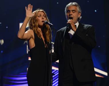 Celine Dion and Andrea Bocelli perform “The Prayer“ during the 2015 Keep Memory Alive “Power of Love” gala Saturday, June 13, 2015, at MGM Grand Garden Arena.  