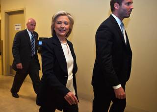 Presidential candidate Hillary Clinton arrives at the Aria before speaking at the NALEO conference on Thursday, June 18, 2015.