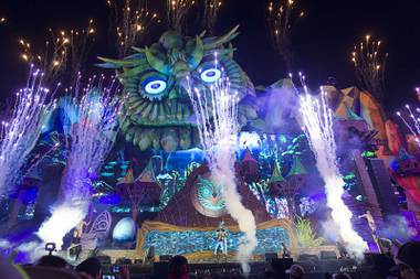 Fireworks explode from the Kinetic Field main stage on the final night of the Electric Daisy Carnival on Sunday, June 21, 2015, at Las Vegas Motor Speedway.