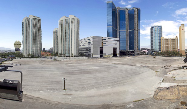 A view of the former Wet 'n' Wild site between the SLS Las Vegas and the stalled Fountainebleau project Tuesday, June 23, 2015. Former NBA basketball player Jackie Robinson plans to build a $1.4 billion sports arena and resort on the site but no construction has begun. 