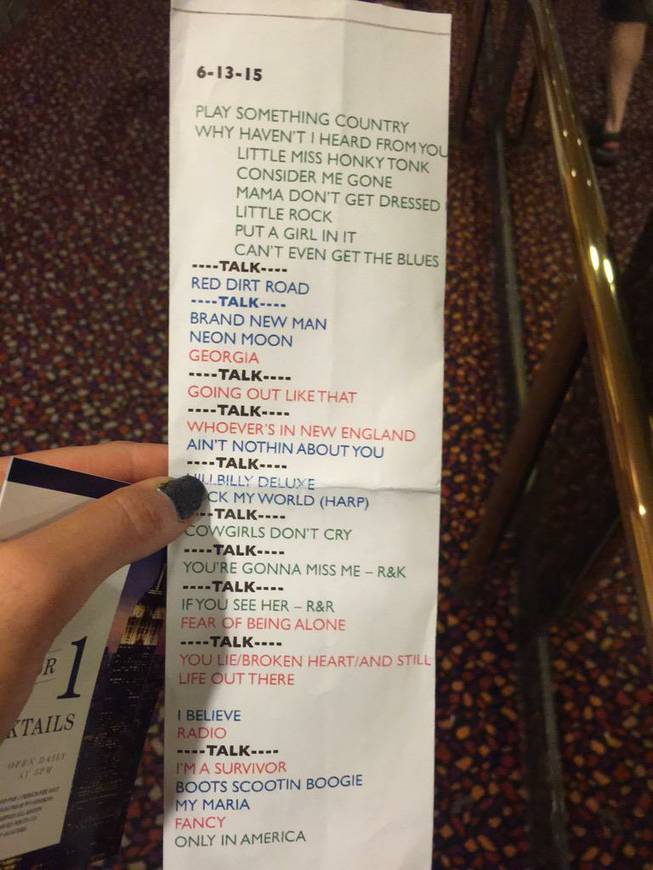The setlist for "Reba and Brooks & Dunn: Together in Vegas" grand opening night Friday, June 19, 2015, at the Colosseum in Caesars Palace.