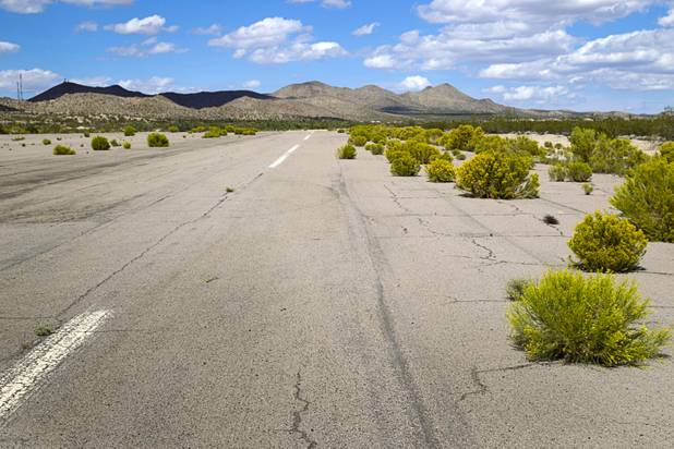 Shrubs grow from cracks in the Searchlight Airport runway Sunday, Sept. 28, 2014, in Searchlight.