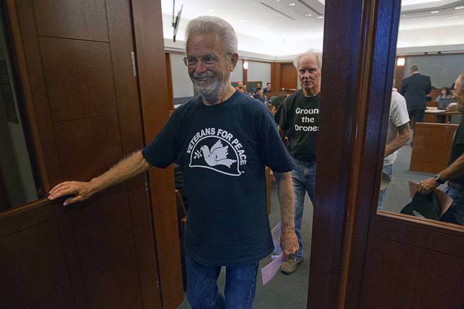 Anti-drone activist Barry Binks of Veterans For Peace leaves the courtroom at the Clark County Regional Justice Center in Las Vegas Tuesday, June 30, 2015. Many of the activists are facing misdemeanor charges in relation to a March 6, 2015 protest at Creech Air Force Base, about 45 miles northwest of Las Vegas.
