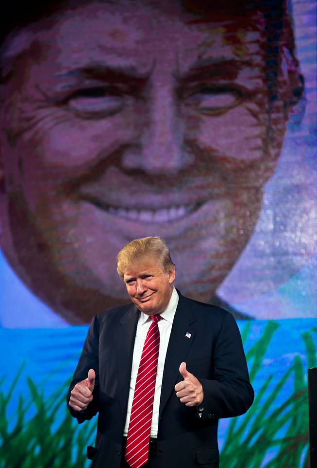 Republican Presidential candidate Donald Trump is pleased by the crowd's support as he speaks at the 2015 FreedomFest in Las Vegas, Nevada July 11, 2015.