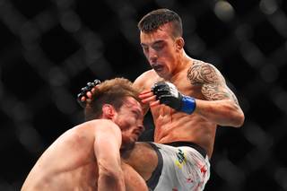 Thomas Almeida knocks out Brad Pickett with a knee to the chin during the second round of their fight at UFC 189 Saturday, July 11, 2015 at the MGM Grand Garden Arena in Las Vegas, Nevada.