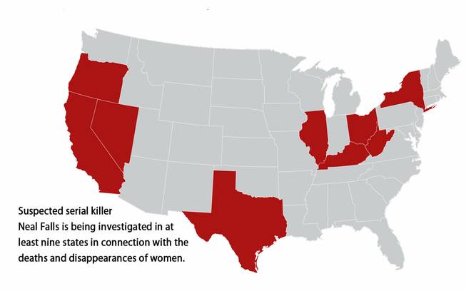 map which states is serial killer Neal Falls being investigated in