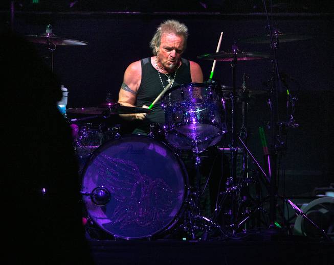 Aerosmith percussionist Joey Kramer drums Saturday, Aug. 1, 2015, at MGM Grand Garden Arena.