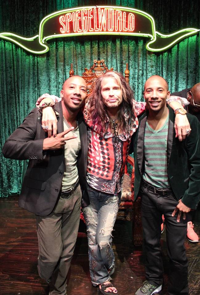 Aerosmith frontman Steven Tyler is flanked by tap-dancing twins Sean and John at “Absinthe” on Sunday, Aug. 2, 2015, at Caesars Palace.