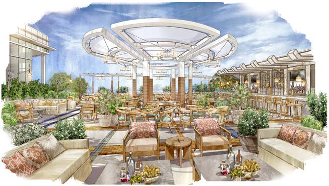 A rendering of the outdoor patio at Herringbone in Aria ...