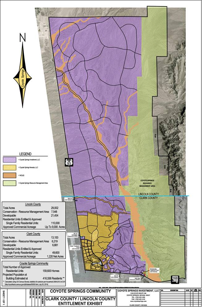 A map shows the planned Coyote Springs community, which would cover 43,000 acres in Clark and Lincoln counties. 