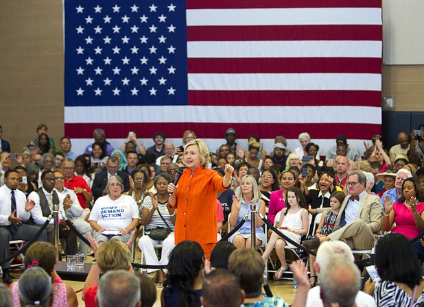 Democratic presidential candidate and former Secretary of State Hillary Rodham Clinton speaks during a town hall meeting at the Pearson Community Center in North Las Vegas Tuesday, Aug. 18, 2015.