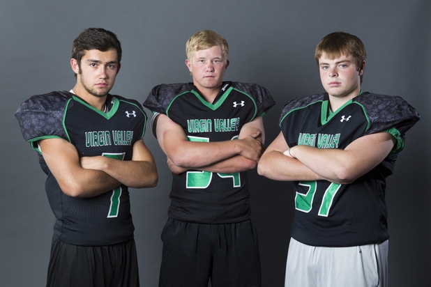 From left: Virgin Valley's Joshua Bishop (7), Garret Hafen (54) and Jaden Hollingshead (57) during the Las Vegas Sun's High School Football media day (make up) Monday, July 27, 2015. STEVE MARCUS