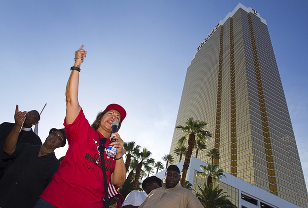 Geoconda Arguello-Kline, secretary-treasurer for Culinary Workers Union, Local 226, leads a protest near Trump International Hotel on Friday, Aug. 21, 2015, in  Las Vegas. Trump International Hotel workers are not unionized. 
