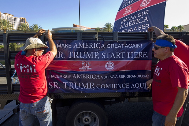 Members of the Culinary Workers Union, Local 226, prepare for a union protest near the Trump International Hotel Las Vegas Friday, Aug. 21, 2015. The Trump International Hotel workers are not unionized. STEVE MARCUS