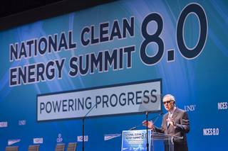 Senate Minority Leader Harry Reid (D-Nev) gives opening remarks during the National Clean Energy Summit 8.0 at the Mandalay Bay Convention Center Aug. 24, 2015.