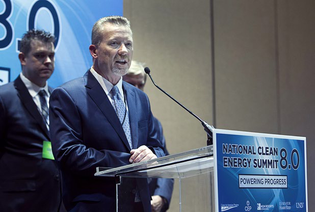 Thomas Husted, CEO of Valley Electric Association, announces plans to build a 15-megawatt solar energy project in Pahrump during a news conference at the National Clean Energy Summit 8.0 in the Mandalay Bay Convention Center Aug. 24, 2015. 