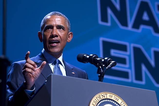 President Barack Obama delivers the keynote address during the National Clean Energy Summit 8.0 at the Mandalay Bay Convention Center Monday, Aug. 24, 2015.