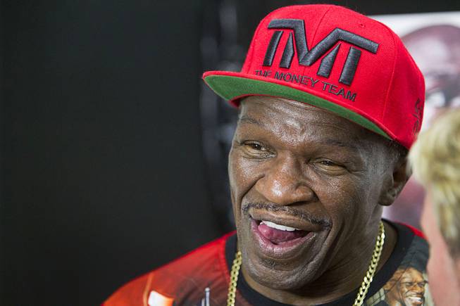 Floyd Mayweather Sr. is interviewed during his son's workout at the Mayweather Boxing Club Wednesday, Aug. 26, 2015. 