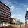 A rendering shows three planned office buildings on what are now fenced-off, empty lots between City Hall and a Regional Transportation Commission transit center in downtown Las Vegas.