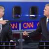 GOP presidential candidates Donald Trump and Jeb Bush are shown during the CNN debate at the Ronald Reagan Presidential Library and Museum on Wednesday, Sept. 16, 2015, in Simi Valley, Calif. 