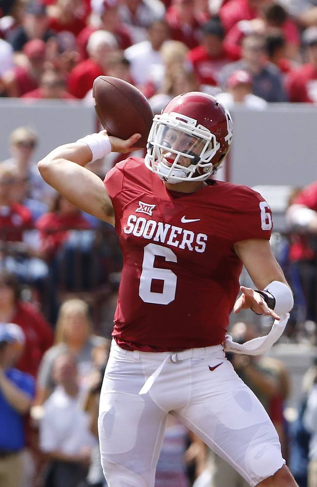 Oklahoma quarterback Baker Mayfield (6) passes against Tulsa during the second quarter of Saturday's game in Norman, Okla.