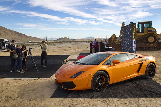 A Lamborghini Gallardo LP550 is displayed at a groundbreaking ceremony for Speed Vegas, a $30 million, 90-acre racetrack project on Las Vegas Boulevard, south of the M Resort, Monday, Sept. 21, 2015. The project is expected to open in early 2016.