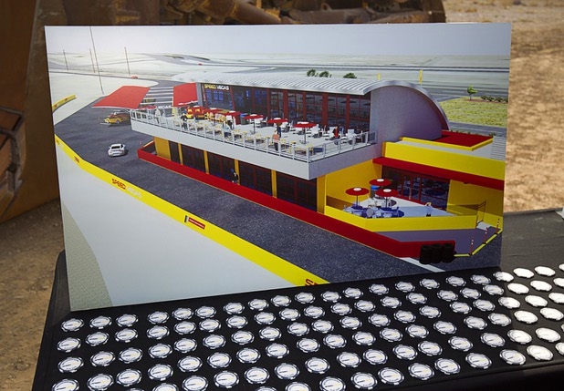 An artist's rendering of a multilevel Welcome Center is displayed during a ground breaking ceremony for Speed Vegas, a $30 million, 90-acre racetrack project on Las Vegas Boulevard south of the M Resort, Monday, Sept. 21, 2015. The project is expected to open in early 2016.