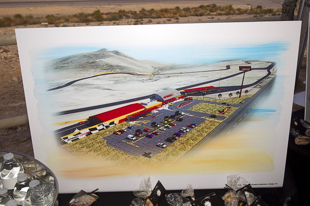 An artist's rendering is displayed during a ground breaking ceremony for Speed Vegas, a $30 million, 90-acre racetrack project on Las Vegas Boulevard south of the M Resort, Monday, Sept. 21, 2015. The project is expected to open in early 2016.