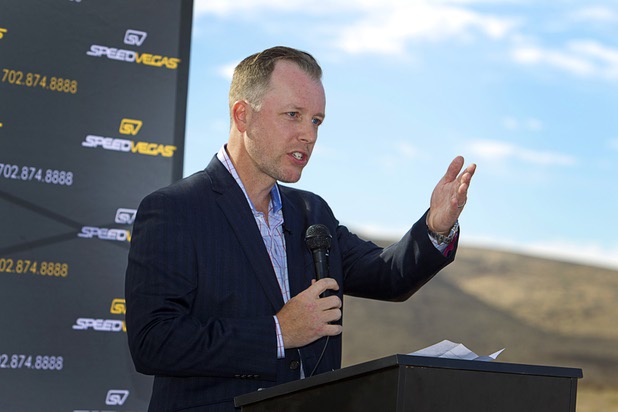 Aaron Fessler, co-founder and CEO of Speed Vegas, speaks during a ground breaking ceremony for Speed Vegas, a $30 million, 90-acre racetrack project on Las Vegas Boulevard south of the M Resort, Monday, Sept. 21, 2015. The project is expected to open in early 2016.