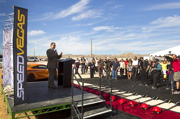 Michael Goldsmith, Vice President of International Marketing for the Las Vegas Convention and Visitors Authority (LVCVA), speaks during a ground breaking ceremony for Speed Vegas, a $30 million, 90-acre racetrack project on Las Vegas Boulevard south of the M Resort, Monday, Sept. 21, 2015. The project is expected to open in early 2016.