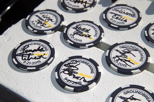 Autographed commemorative chips are shown during a ground breaking ceremony for Speed Vegas, a $30 million, 90-acre racetrack project on Las Vegas Boulevard south of the M Resort, Monday, Sept. 21, 2015. The chips will be displayed on a wall at the track's Welcome Center. The project is expected to open in early 2016.