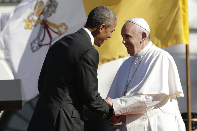 President Barack Obama shakes hands with Pope Francis after this welcoming speech during the state arrival ceremony on the South Lawn of the White House in Washington, Wednesday, Sept. 23, 2015.