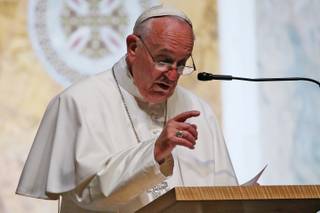 Pope Francis speaks to bishops during the midday prayer service at the Cathedral of St. Matthew in Washington, Wednesday, Sept. 23, 2015.