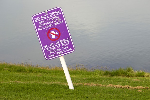 A sign warns not to drink the irrigation water at the Palm Valley Golf Course in Summerlin Monday Sept. 28, 2015. The course is irrigated with reclaimed water and is converting some the rough to desert landscaping.