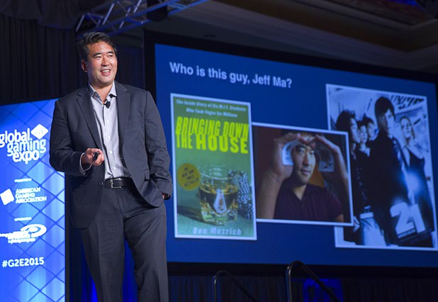 Jeffrey Ma, a member of the MIT Blackjack Team in the mid-1990s, gives a keynote address during the Global Gaming Expo (G2E) at the Sands Expo Center Tuesday, Sept. 29, 2015.