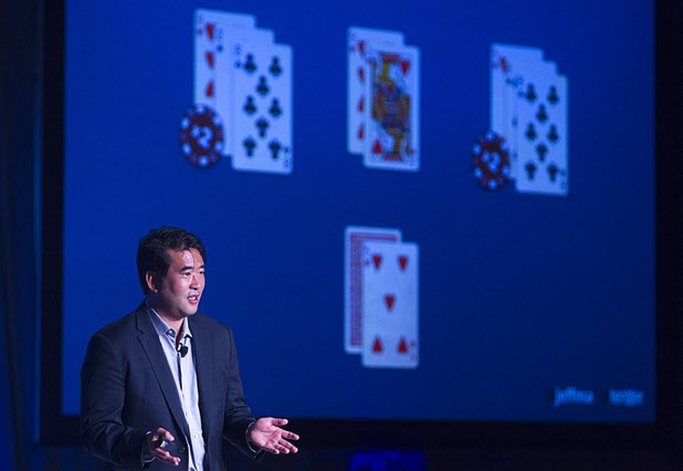Jeffrey Ma, a member of the MIT Blackjack Team in the mid-1990s, gives a keynote address during the Global Gaming Expo (G2E) at the Sands Expo Center Tuesday, Sept. 29, 2015.