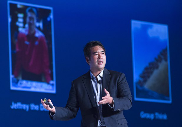 Jeffrey Ma, a member of the MIT Blackjack Team in the mid-1990s, gives a keynote address during the Global Gaming Expo (G2E) at the Sands Expo Center Tuesday, Sept. 29, 2015.